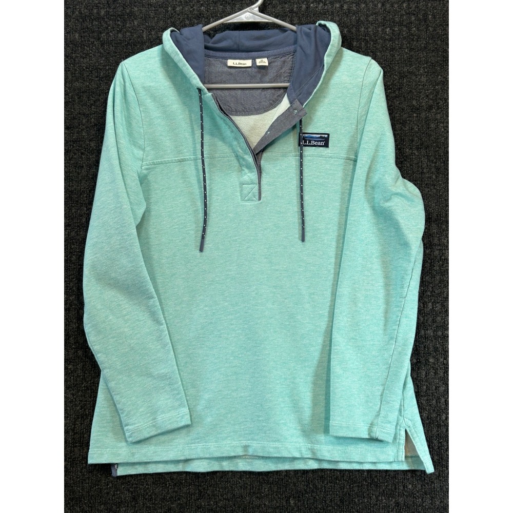 LL Bean Coastal Gorpcore Womens Green Heathered Snap Neck Hoodie Pullover Size M